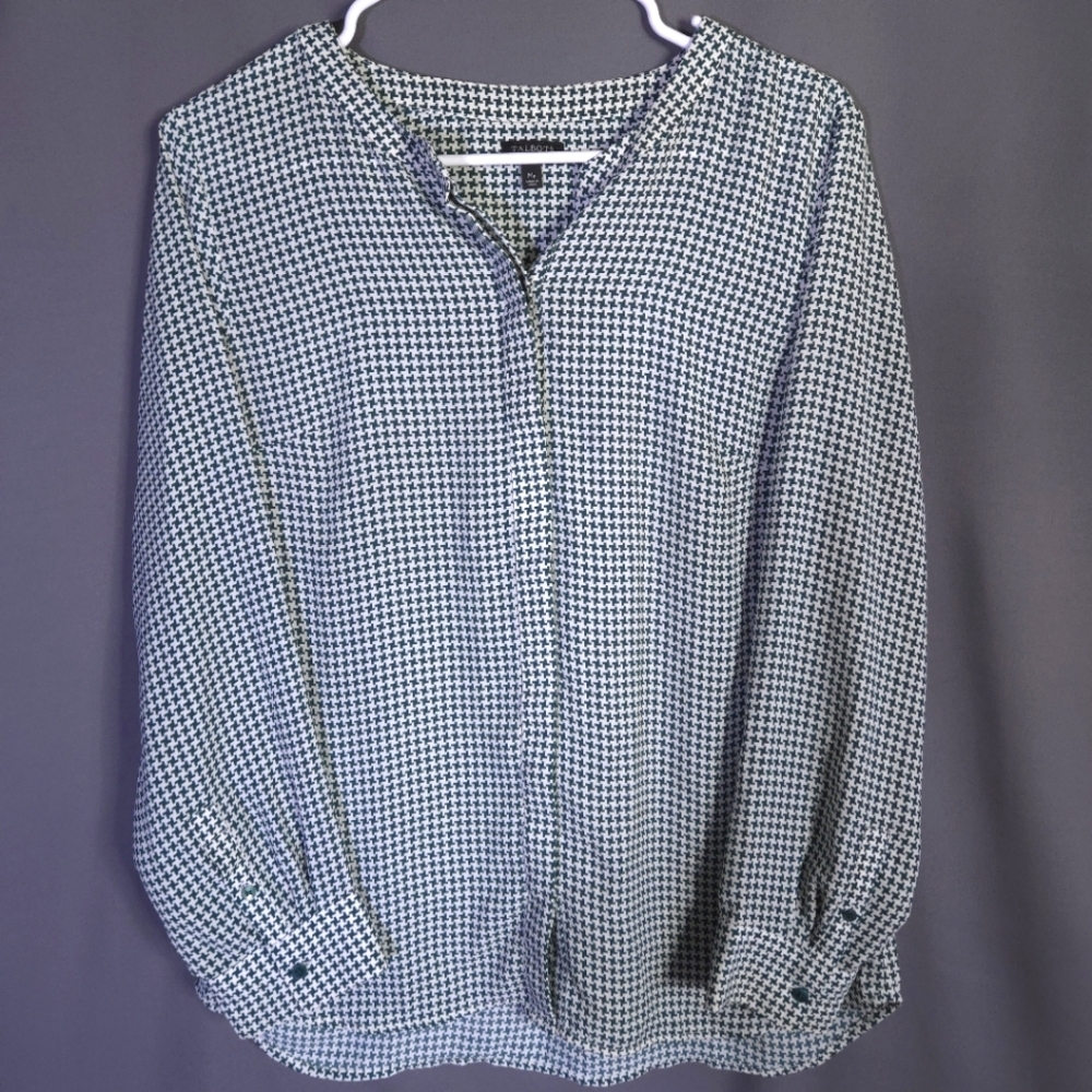 Talbots Button Down Herringbone Blouse Size Medium Petite‎ Green Business Casual
